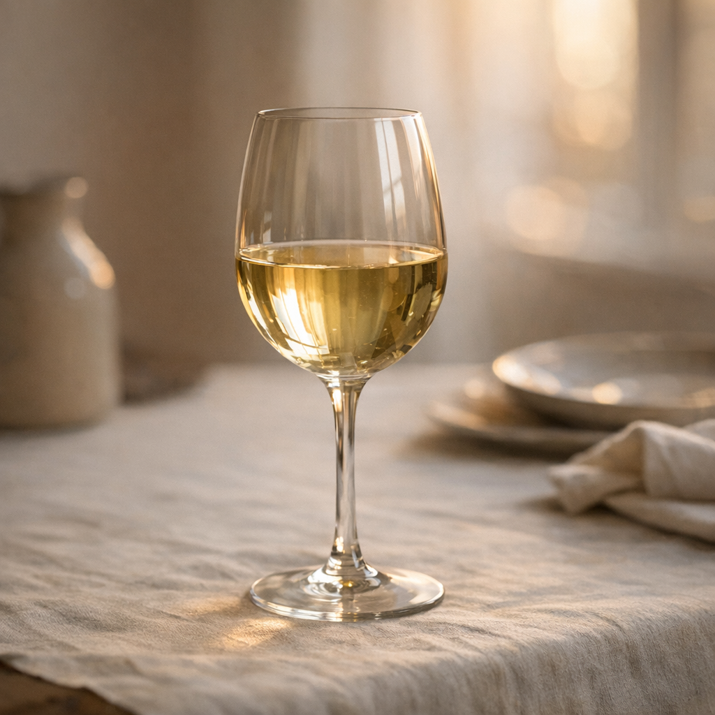 Бокал на столе в мягком вечернем свете