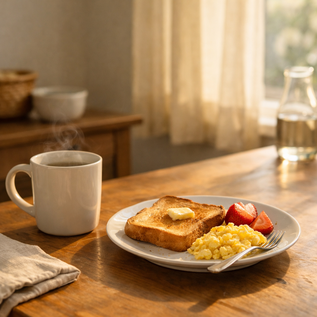 Простой завтрак и кружка в мягком утреннем свете