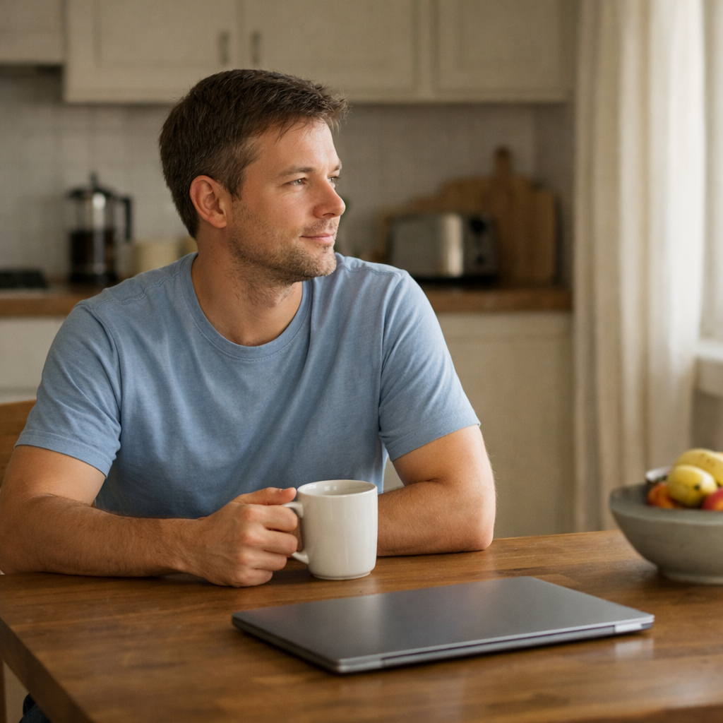 Спокойное утро: человек за столом с кружкой и ноутбуком
