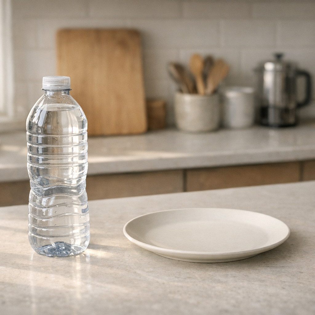 Пустая тарелка на кухонной поверхности