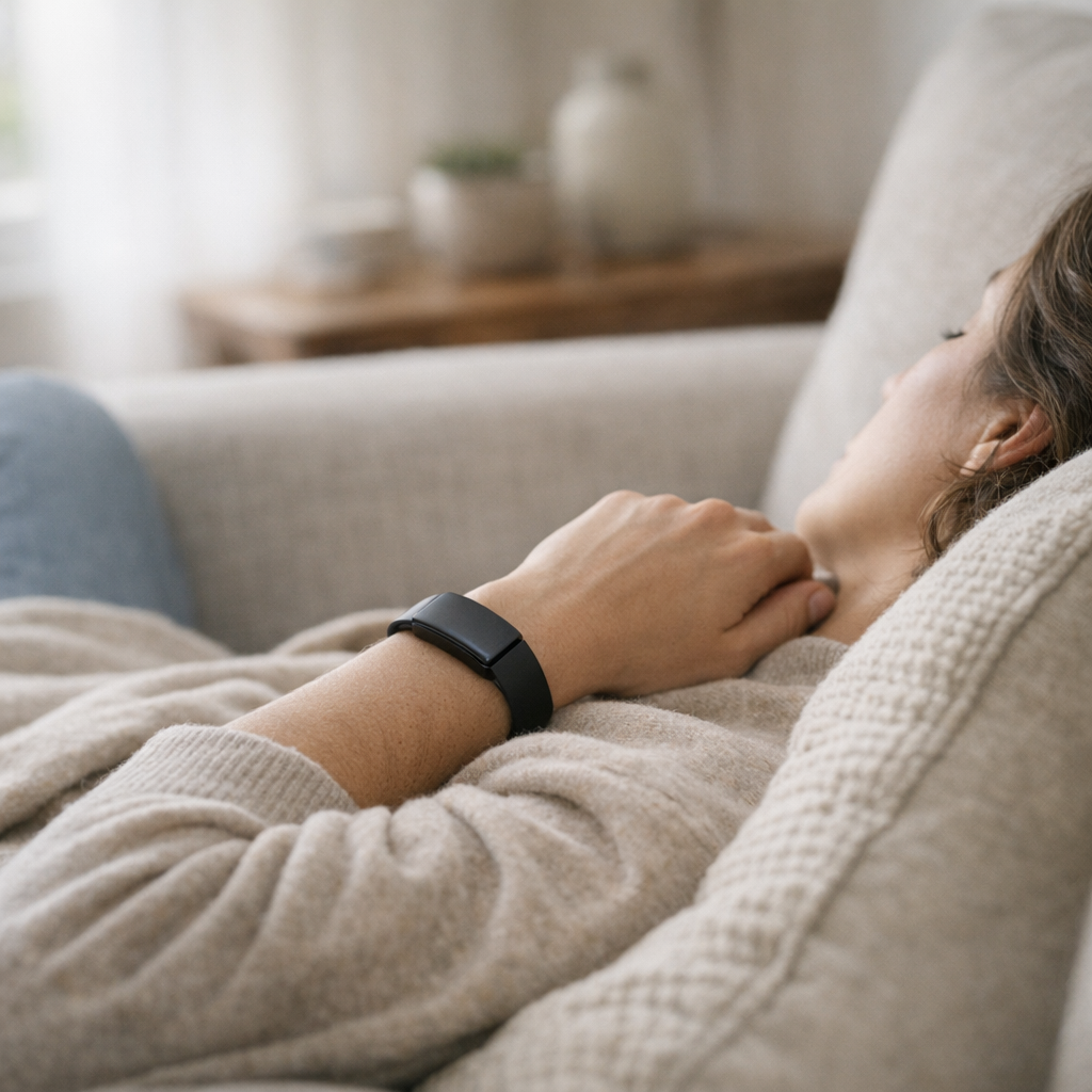 Рука с трекером на пледе в спокойной обстановке