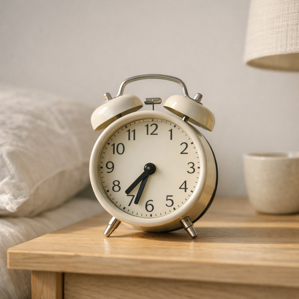 Будильник рядом с кроватью на фоне мягкого утреннего света