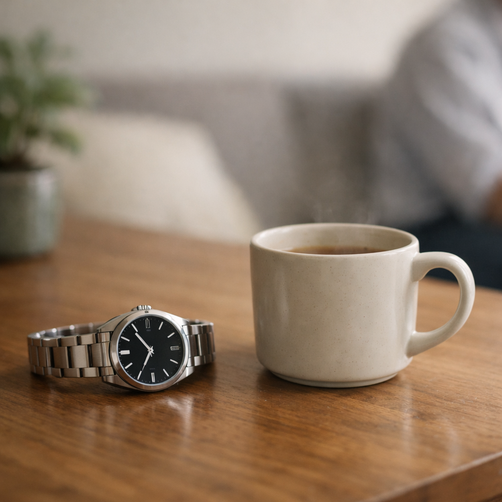 Кружка и часы на столе в спокойном свете