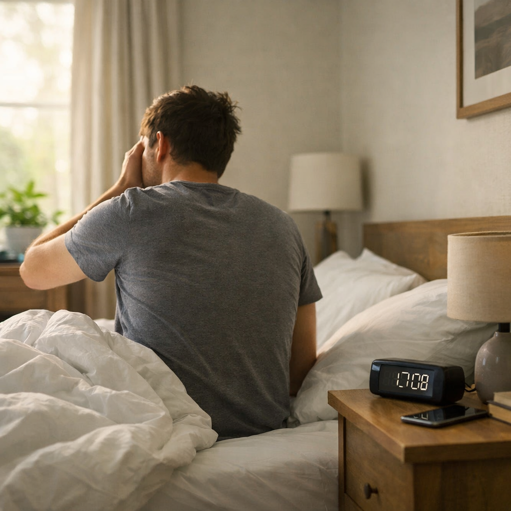 Человек проснулся чуть раньше будильника и спокойно лежит в полутёмной комнате