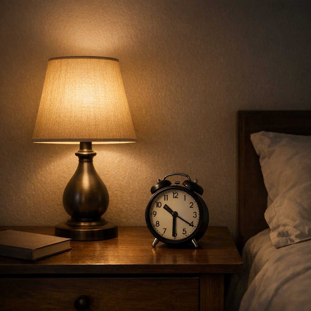 Ночной свет у кровати и часы на тумбе