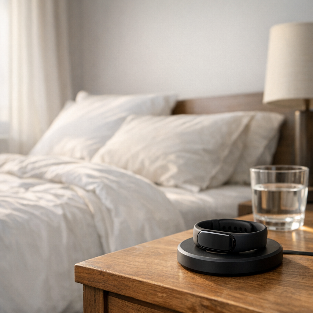 Аккуратная кровать и трекер на тумбе