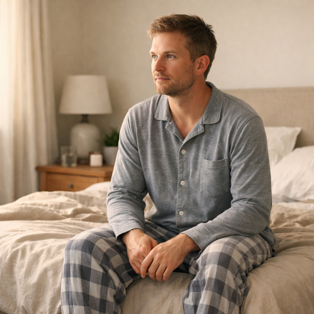 A person with a mug looking out the window in the morning light