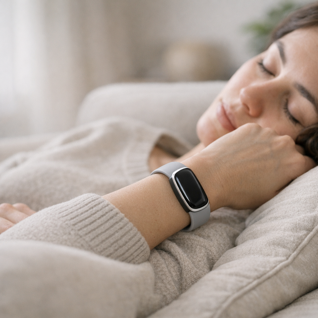 Рука с трекером на подушке в спокойной обстановке