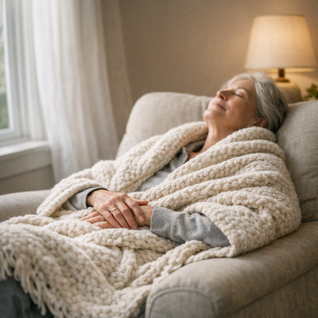 A person resting in a chair with a blanket