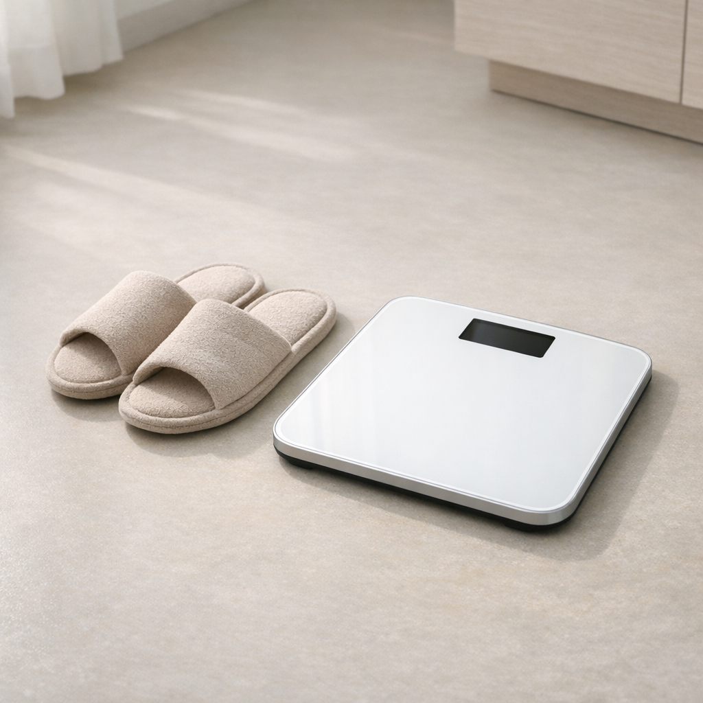 Тапочки и весы на полу в спокойном свете