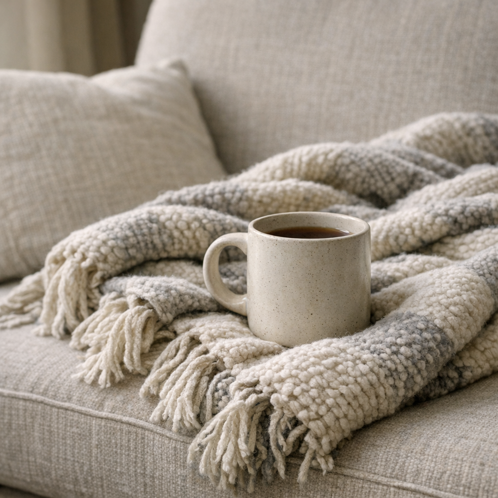 Диван и плед в спокойной гостиной