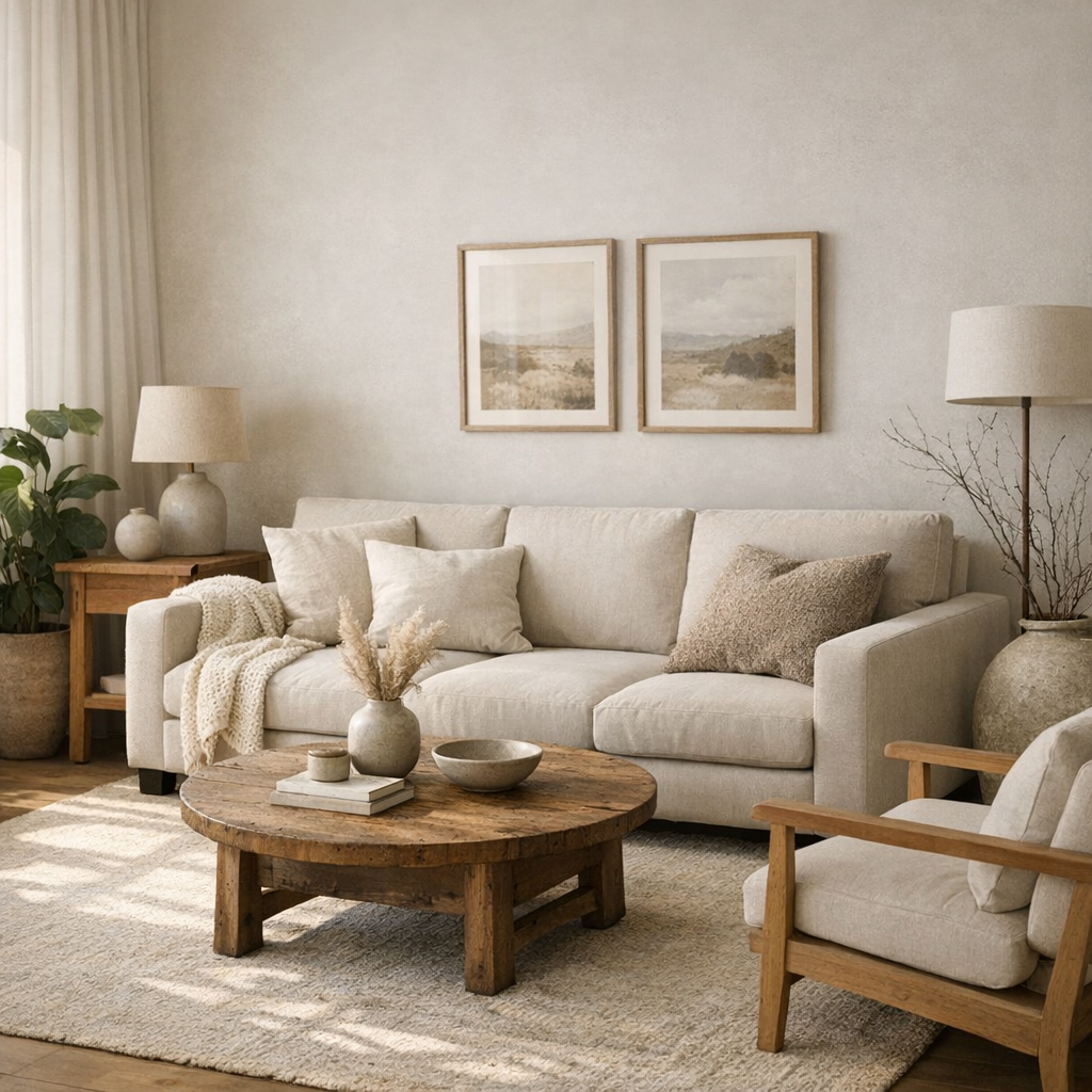 Диван и плед в спокойной гостиной