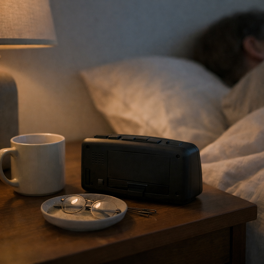 Dim room at dawn with a bedside clock turned away