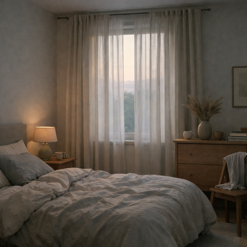 A quiet early morning bedroom with soft dawn light coming through curtains