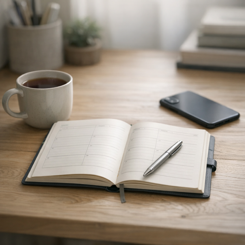Календарь и кружка на столе, ощущение первого рабочего дня после отдыха