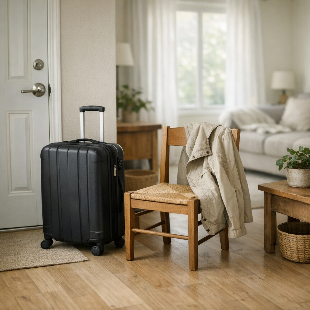 Чемодан у двери и мягкий утренний свет в комнате, символ возвращения из отпуска