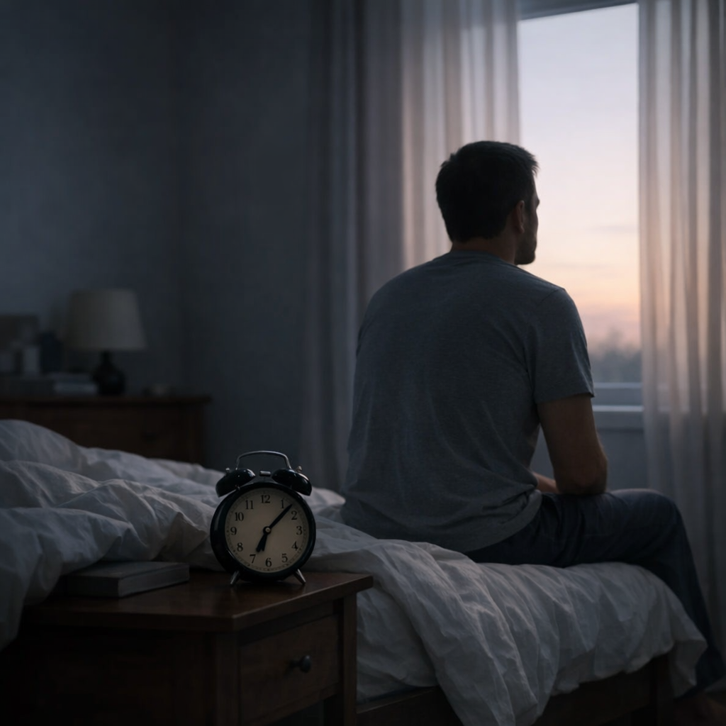 Человек сидит на кровати ранним утром, пока будильник ещё не звенит