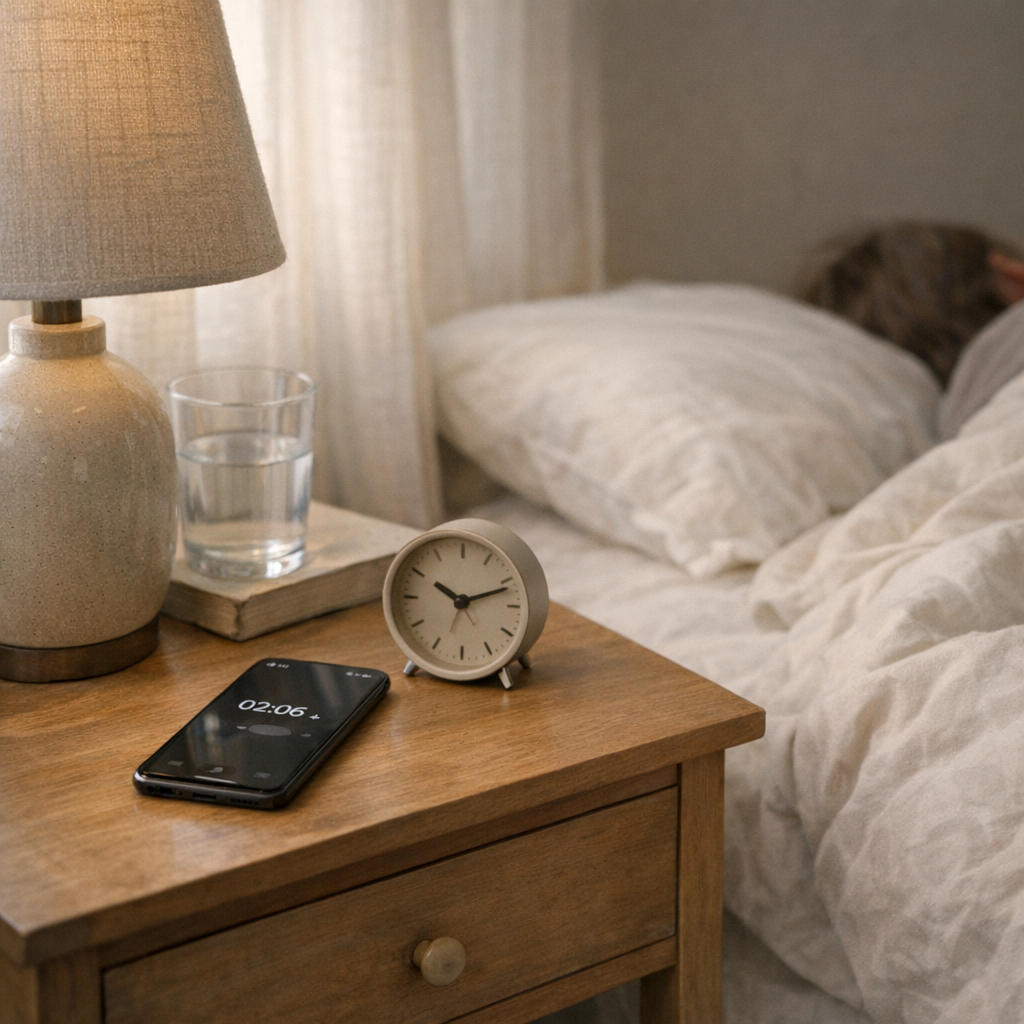 Утренний свет в комнате и телефон с будильником на тумбочке