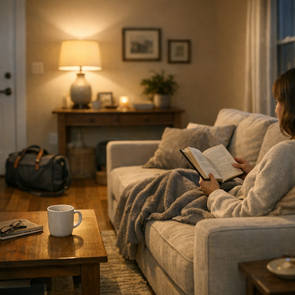 Тихий вечер дома: мягкий свет, кружка и вещи у двери