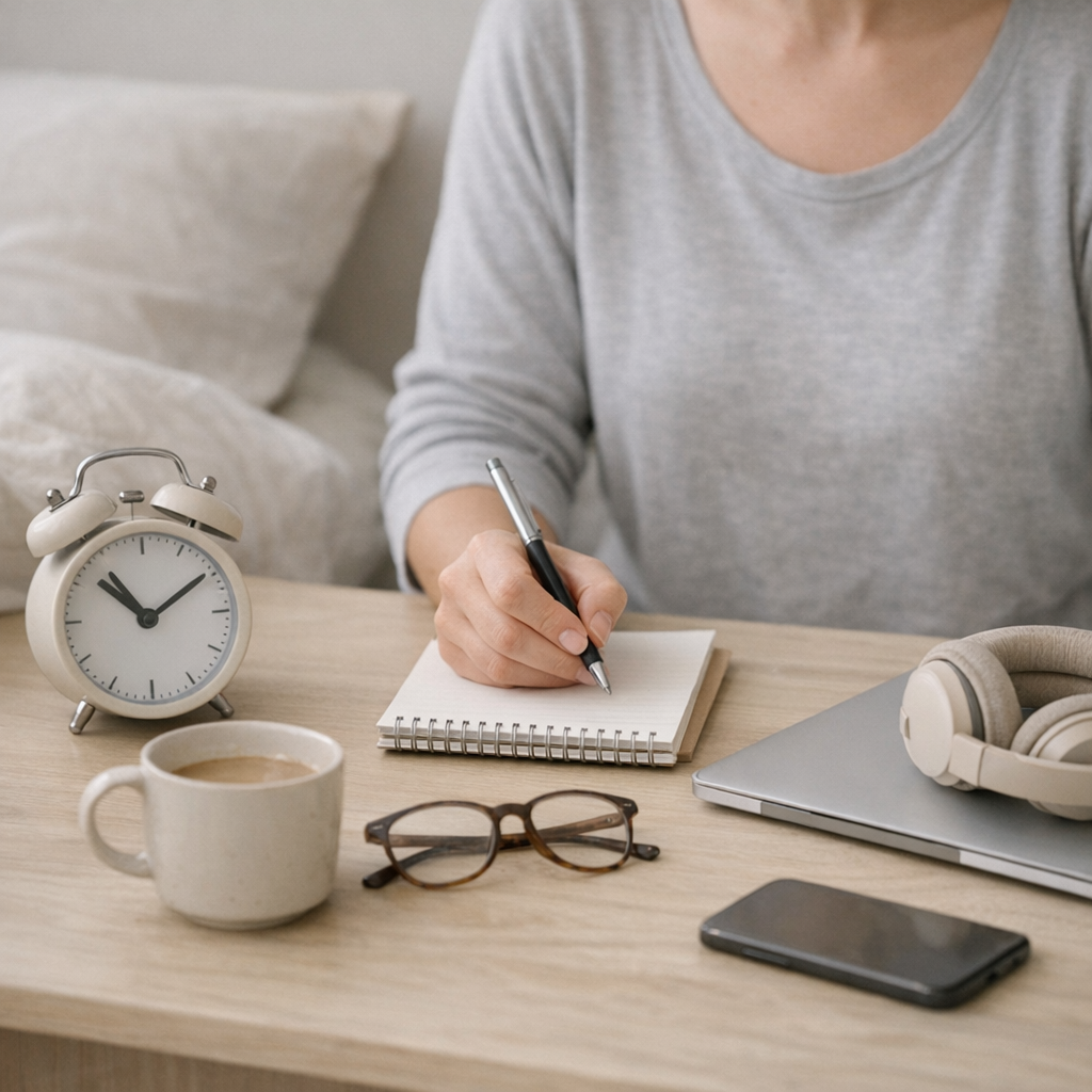 A simple notebook page with three brief lines representing a sleep anchor, a short list, and a work boundary.