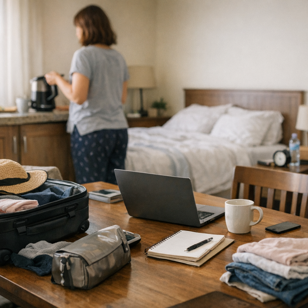 A simple desk setup with a notebook and calendar open, suggesting a calm return to routine after a break