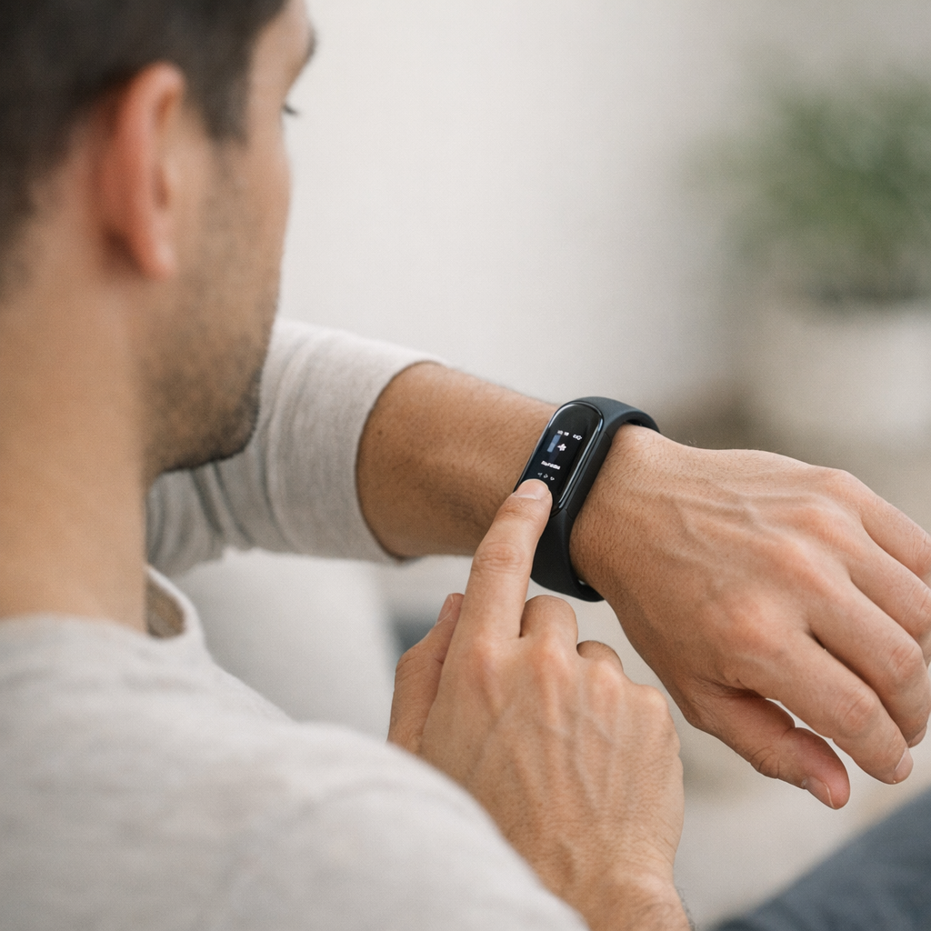 Человек смотрит на фитнес трекер в спокойной обстановке