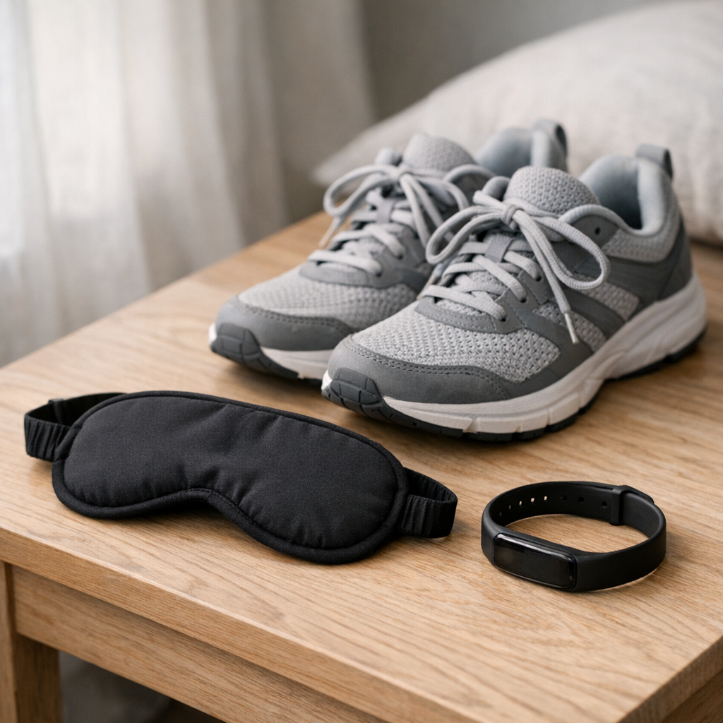 Маска для сна, кроссовки и трекер на столе