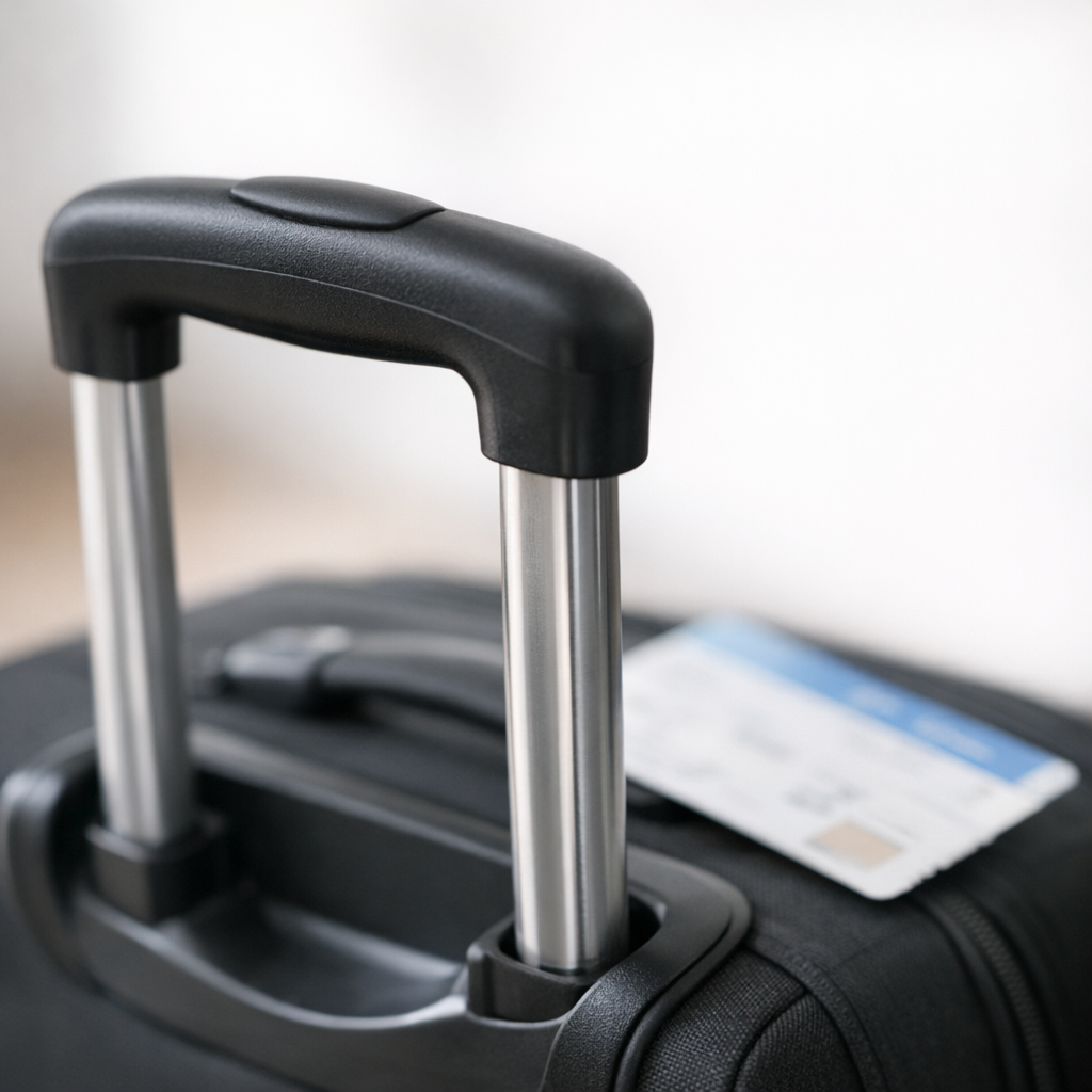 Путешественник у окна аэропорта с чемоданом