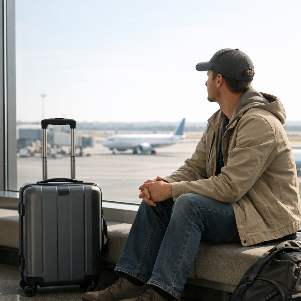 Путешественник у окна аэропорта с чемоданом