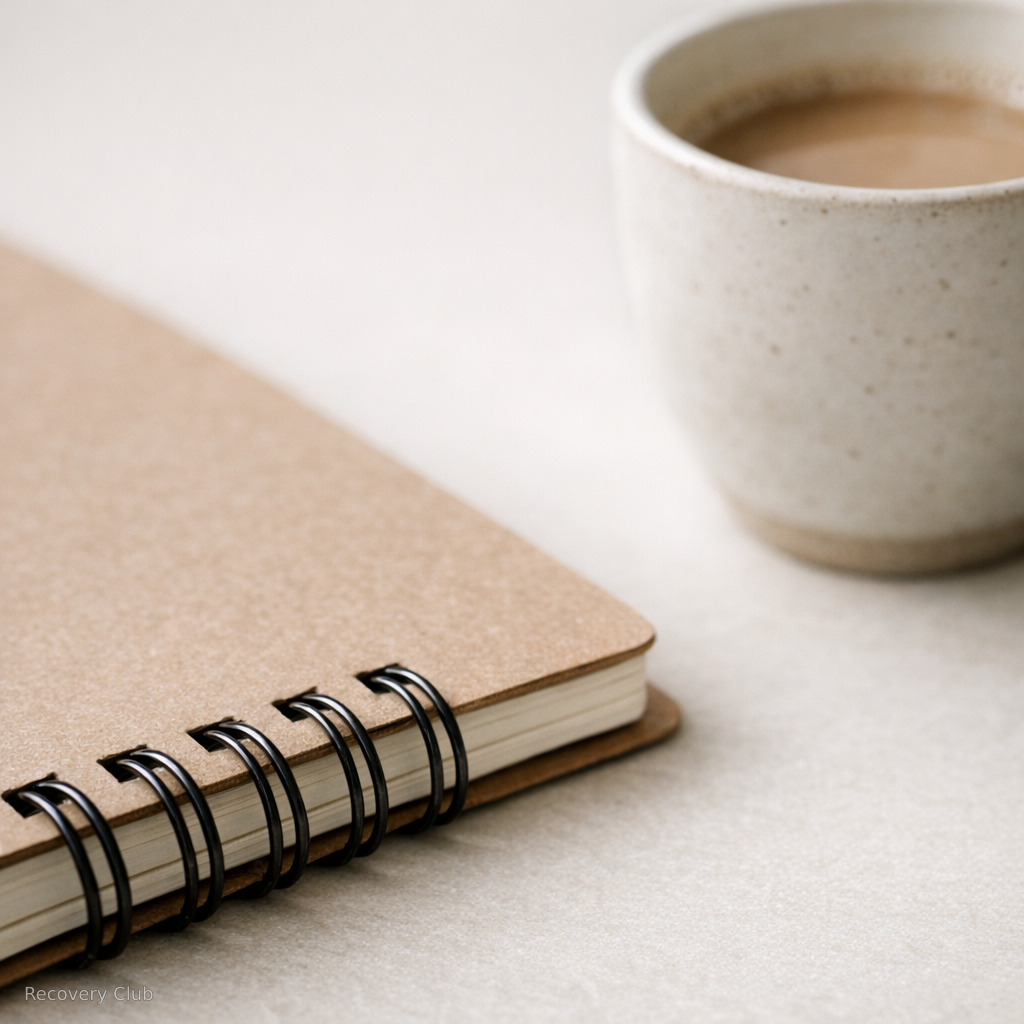 Блокнот и чашка на столе в мягком дневном свете