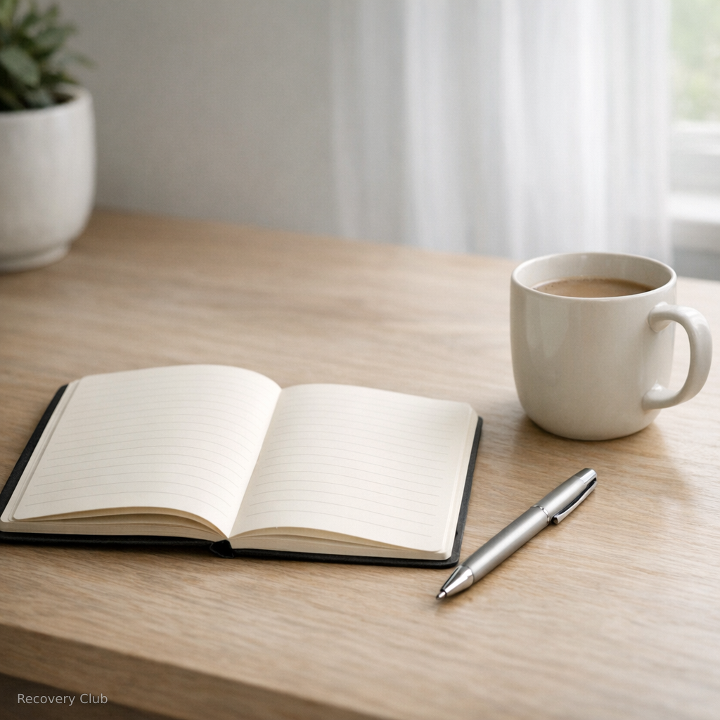 Блокнот и чашка на столе в мягком дневном свете