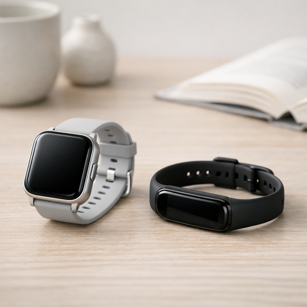 Два разных трекера на столе, нейтральный свет