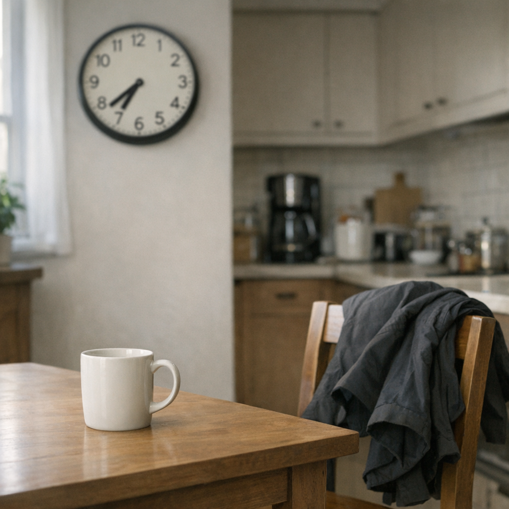 Спокойное утро на кухне: кружка, часы и ощущение понедельника