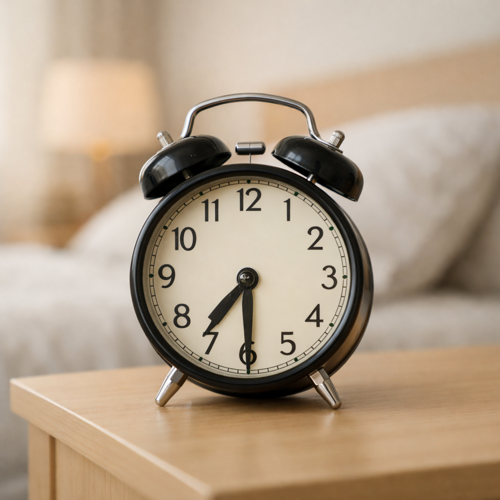 Будильник на тумбочке и утренний свет, символ раннего пробуждения