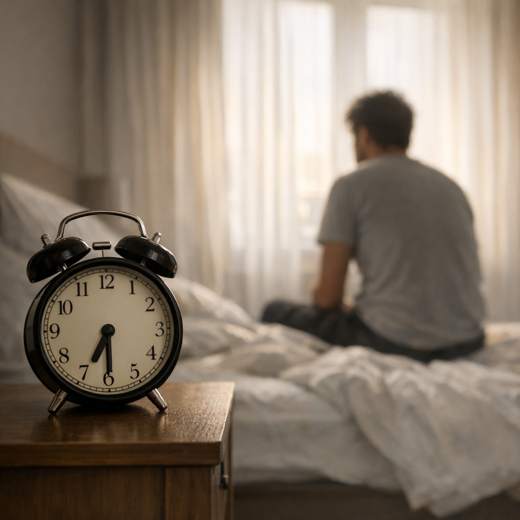 Человек сидит на кровати утром, будильник показывает время до звонка, мягкий свет из окна