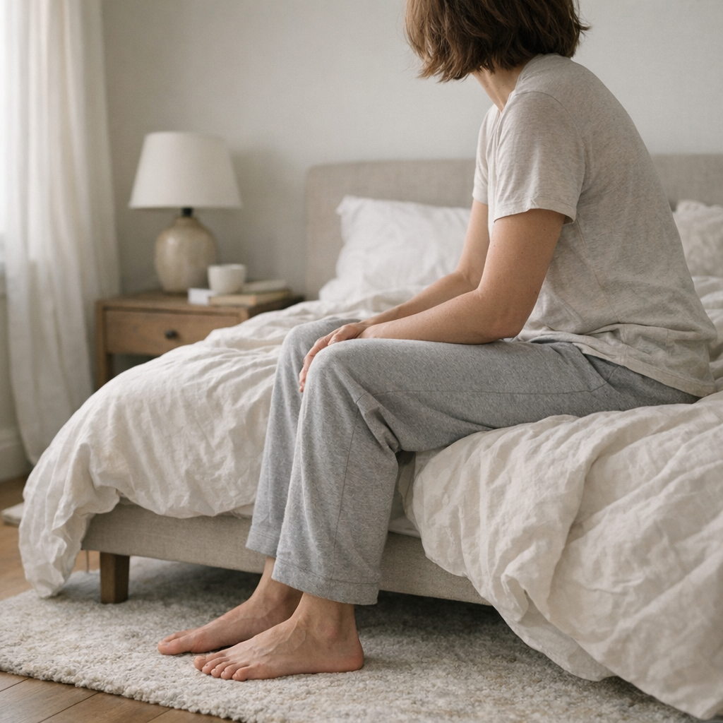 Человек сидит на краю кровати утром, мягкий свет