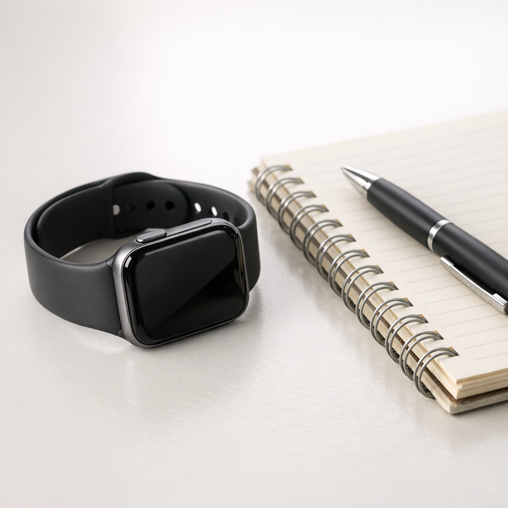 Рука с трекером на столе рядом с чашкой воды