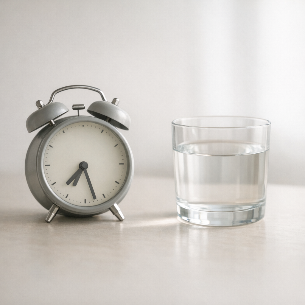 Simple illustration of an alarm clock with a sunrise in the background, suggesting early waking.