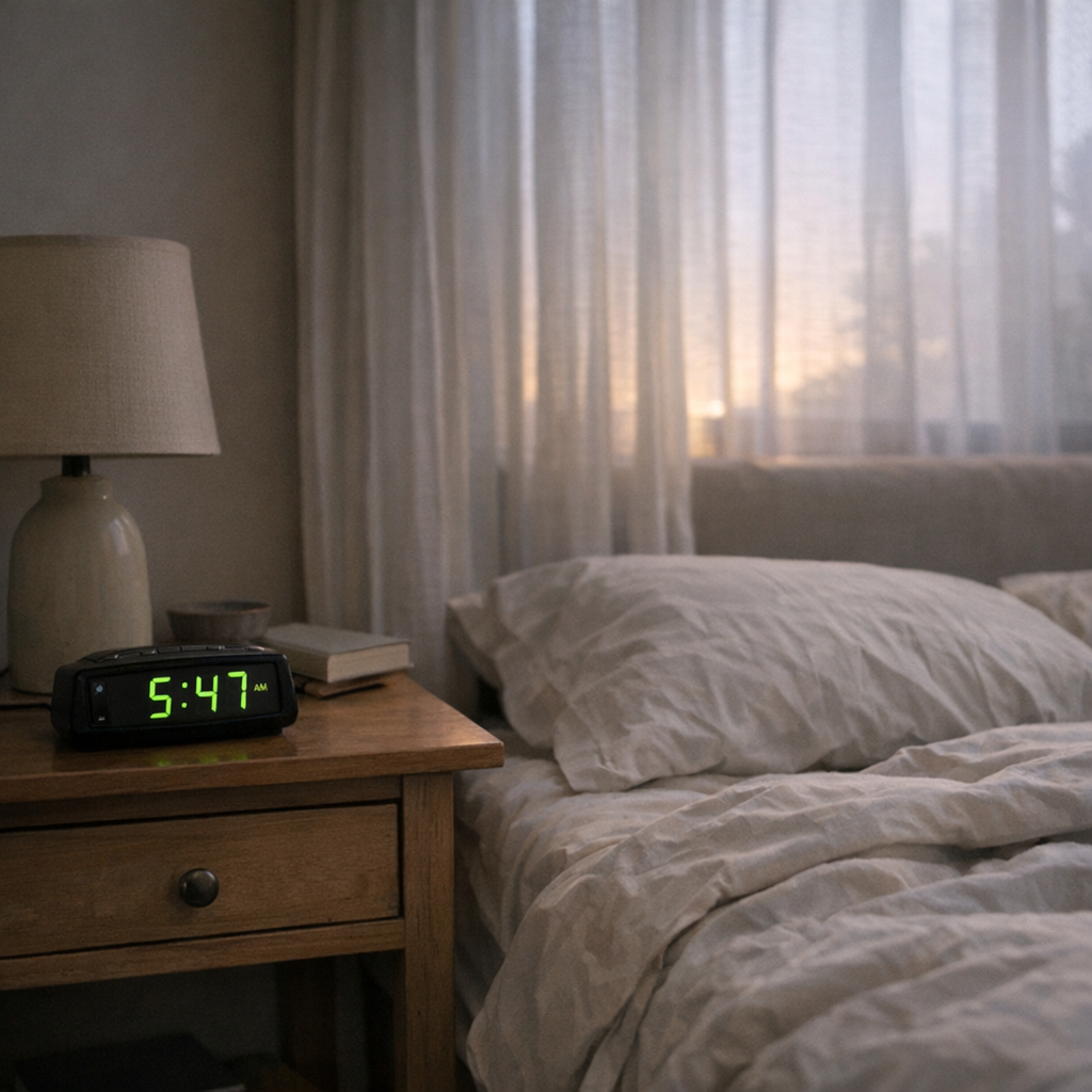 Person lying in bed in soft morning light, looking at an alarm clock on a nightstand.