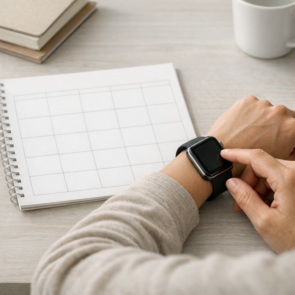 Рука с трекером рядом с календарем без текста