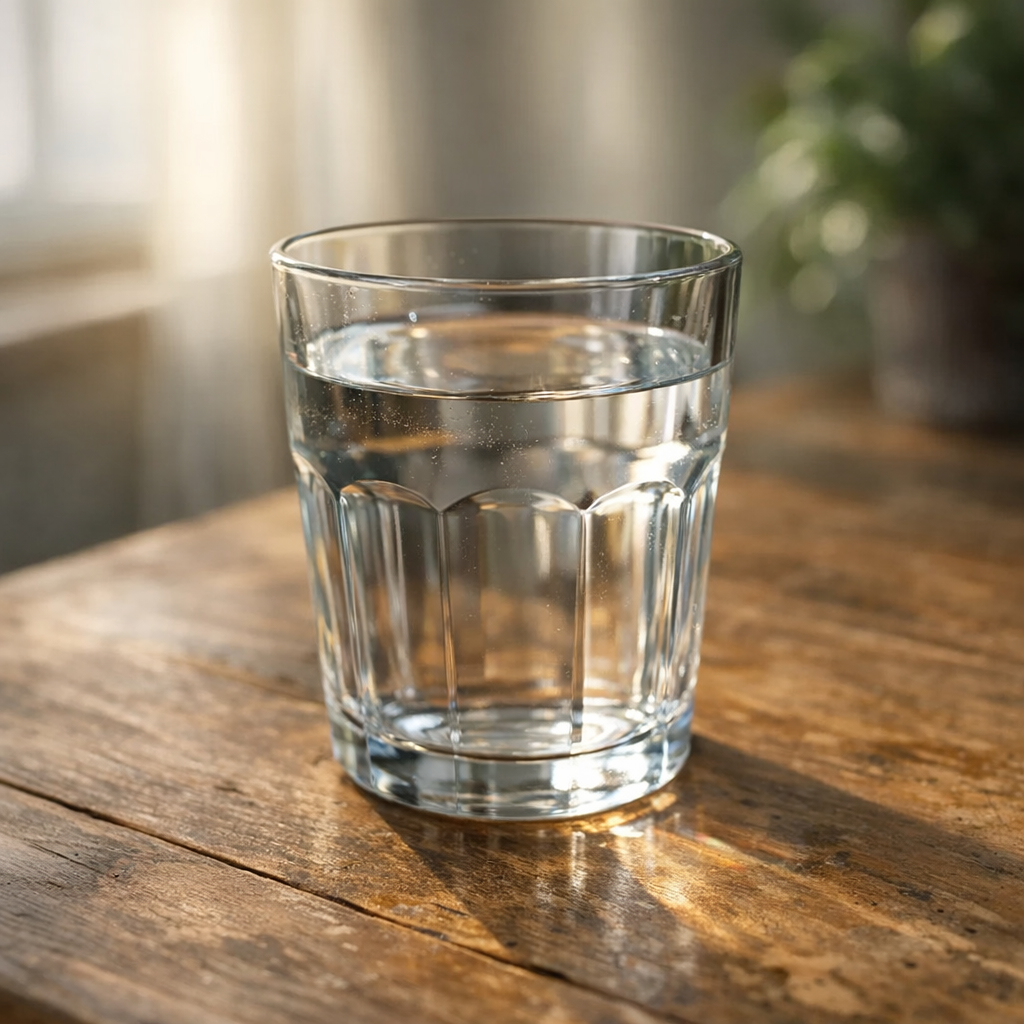 Пустой бокал и стакан воды в утреннем свете