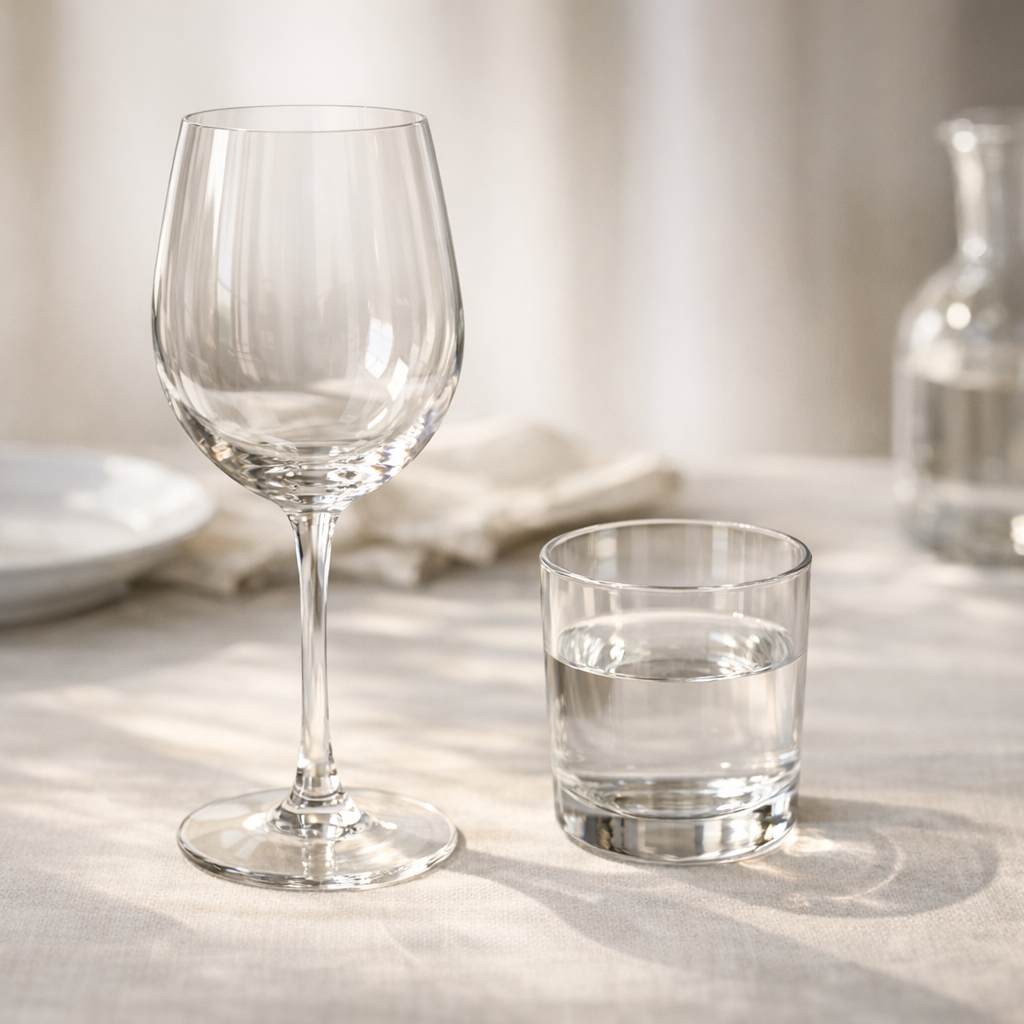 Пустой бокал и стакан воды в утреннем свете