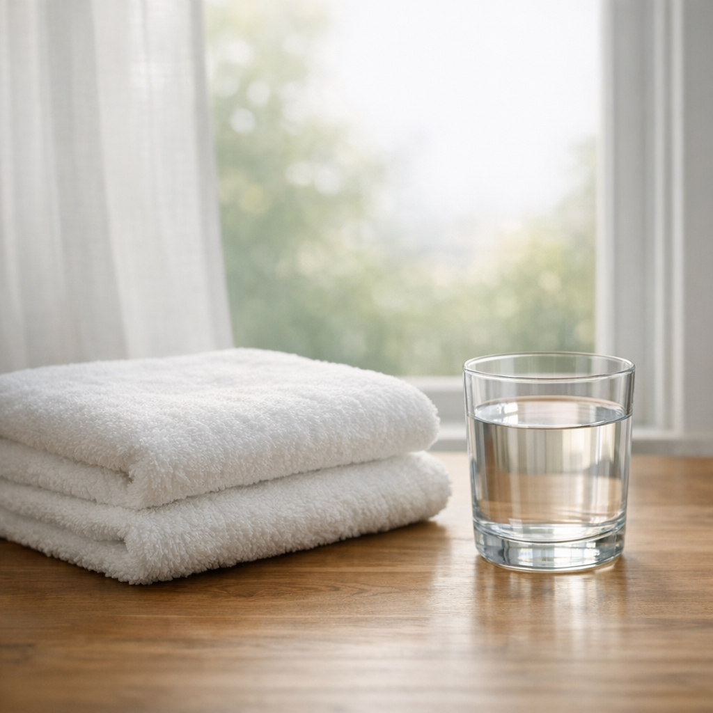 Сложенное полотенце и стакан воды у окна