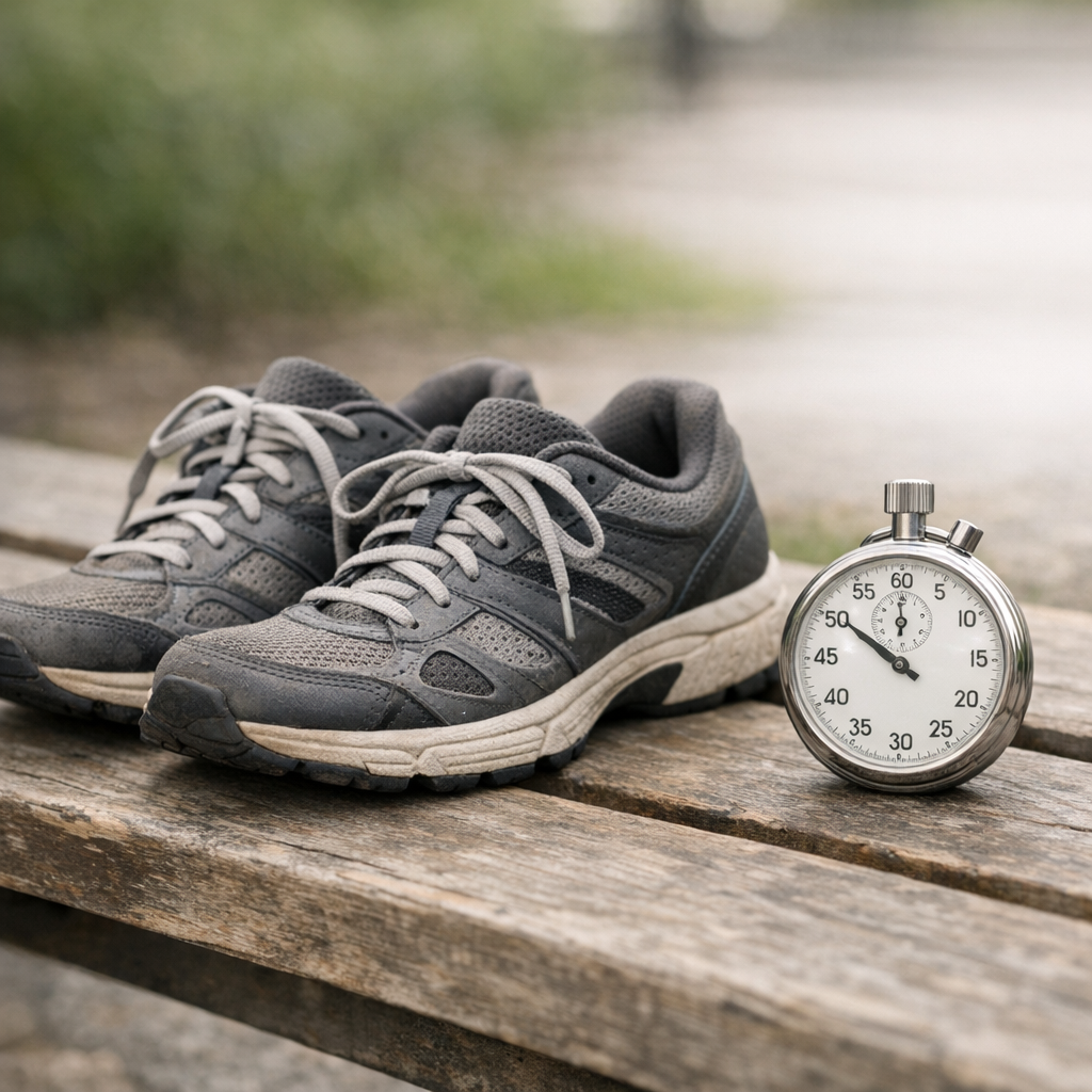 Кроссовки и секундомер на скамье
