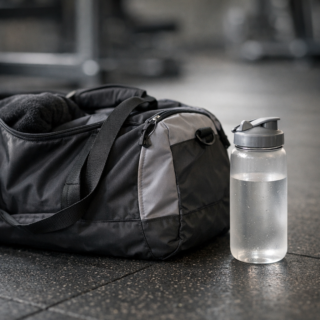 Кроссовки и трекер на скамье в зале