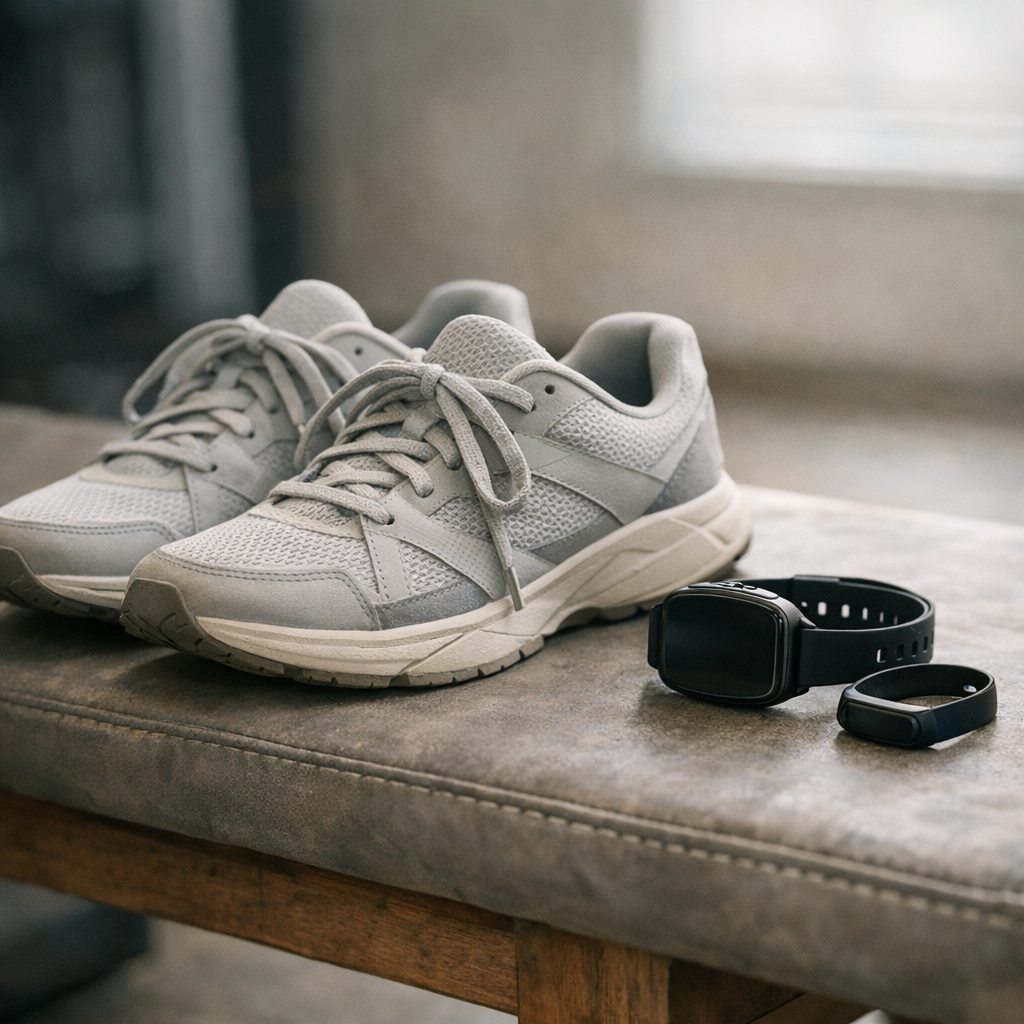 Кроссовки и трекер на скамье в зале