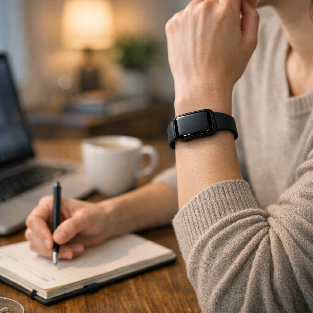 Рука с трекером на столе в спокойной обстановке