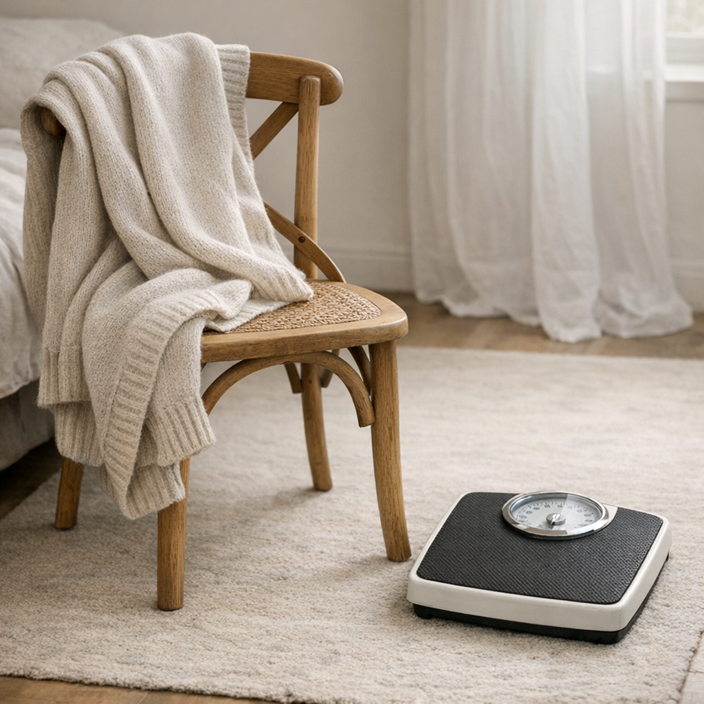 Плед на стуле и весы рядом в мягком свете