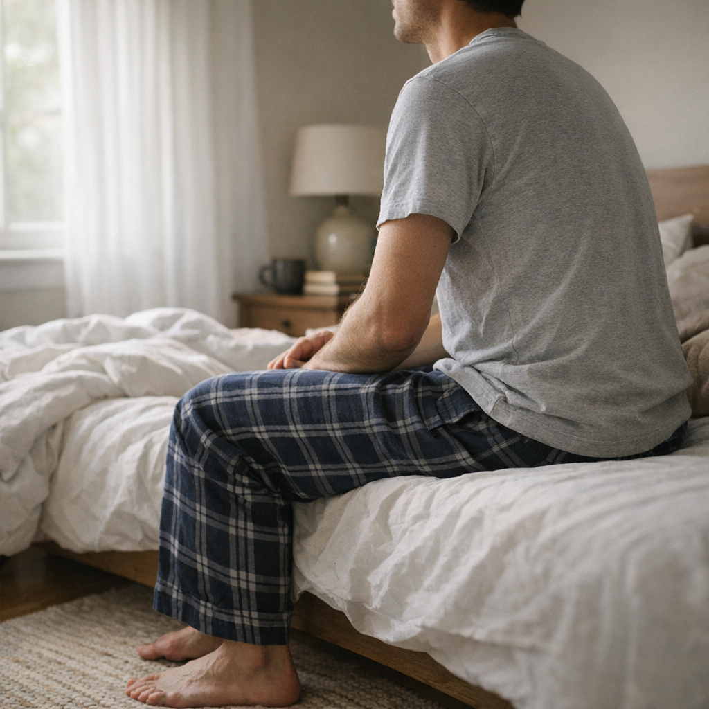 Человек сидит на краю кровати утром