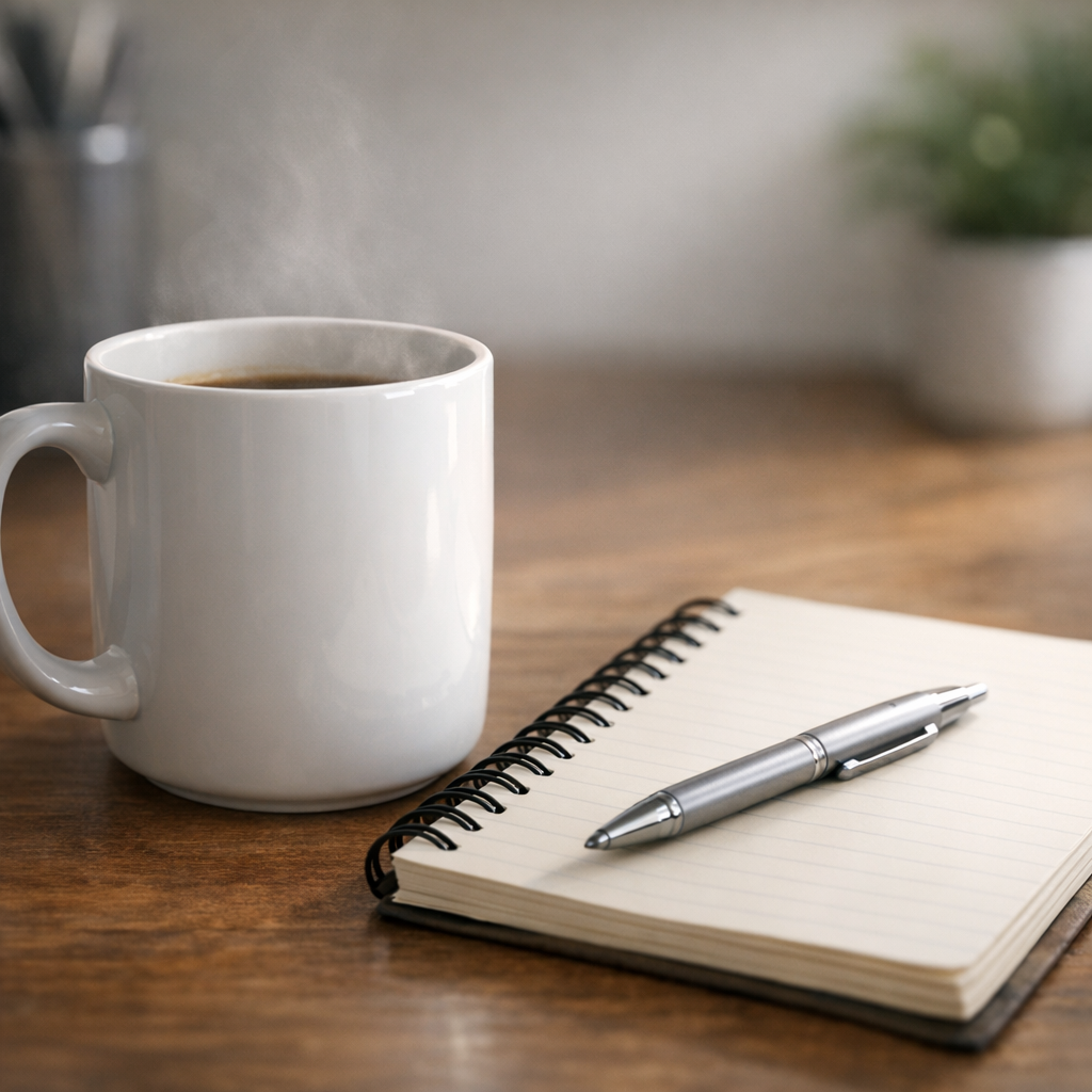 Рабочий стол с кружкой и трекером